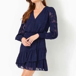Lilly Pulitzer Cristiana Long Sleeve Dress True Navy Poly Crepe Swirl NEW Size 4